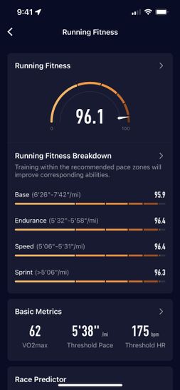 A screenshot of the running fitness page on the COROS app.