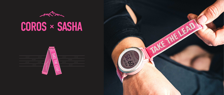 Banner featuring the Sasha band product: A stylish wristband in view, accompanied by both a product image showcasing its details and a close-up shot of Sasha wearing the band, beautifully complemented by her COROS APEX 2 Dusty Pink watch.